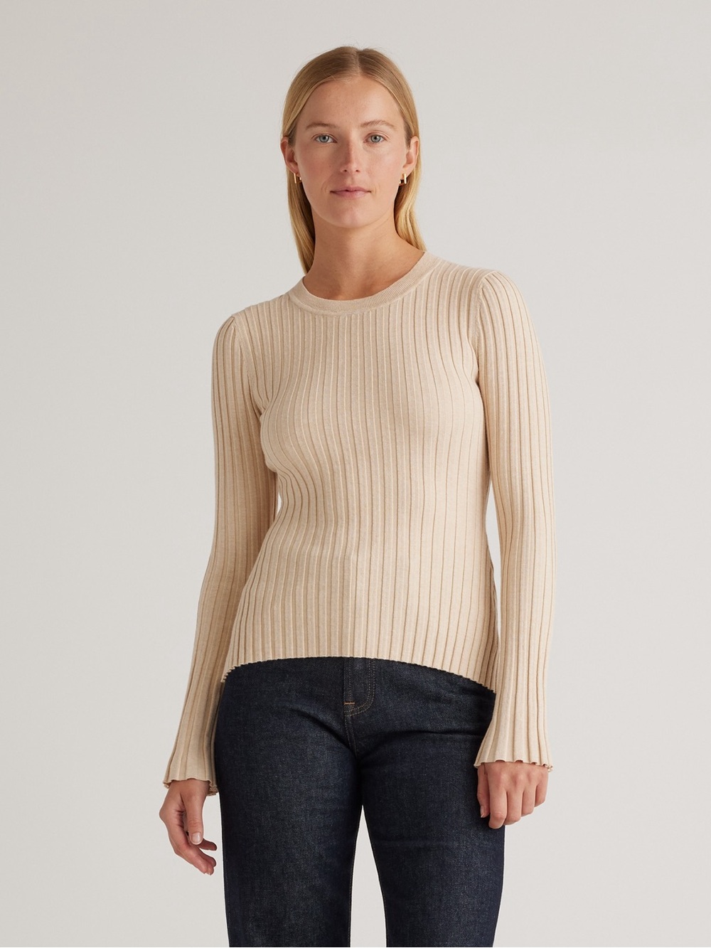 Quince Cotton Cashmere Ribbed Long Sleeve Sweater, Heather Oatmeal, Medium